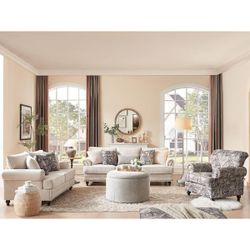4-Pieces Chesterfield Couch Set Chenille Sofa Loveseat and Flora Armchair Living Room Set with Storage Coffee Table