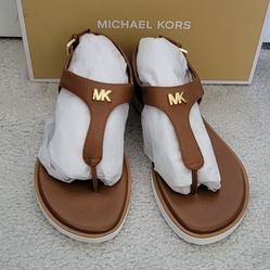 MICHAEL KORS Brady Thongs Flat Slingback Sandals Luggage Saffiano Leather Sz 9.5