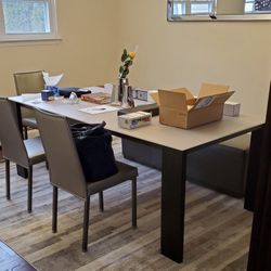 84Lx40Wx30H - Glass table with 3 chairs and bench