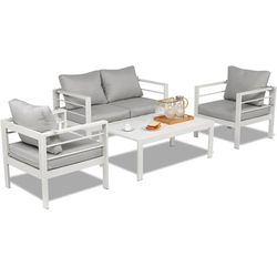 Outdoor Patio Furniture Set, 4 Pieces Aluminum Patio Conversation Sets, Modern Patio Sofa Loveseat Set with Coffee Table and 5 Inch Cushion for Patio 