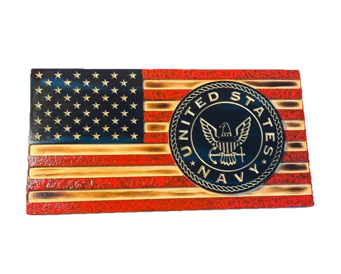 US Navy Engraved Wood American Flag - “Looks Beautiful” 13.5 x 7.5 in