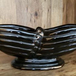 Vintage Antique 1960s Clay Pottery Ceramic Planter MCM Black Gold Ribbed