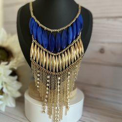 Stunning Three Layer Blue & Gold Rhinestones Fringed Necklace