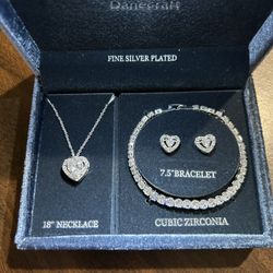 adies heart necklace with matching bracelet and heart earrings silver plated cubic zirconia stones