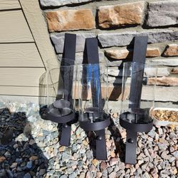 3 contemporary black metal, glass wall sconce candle holders with 8 candles, great condition
