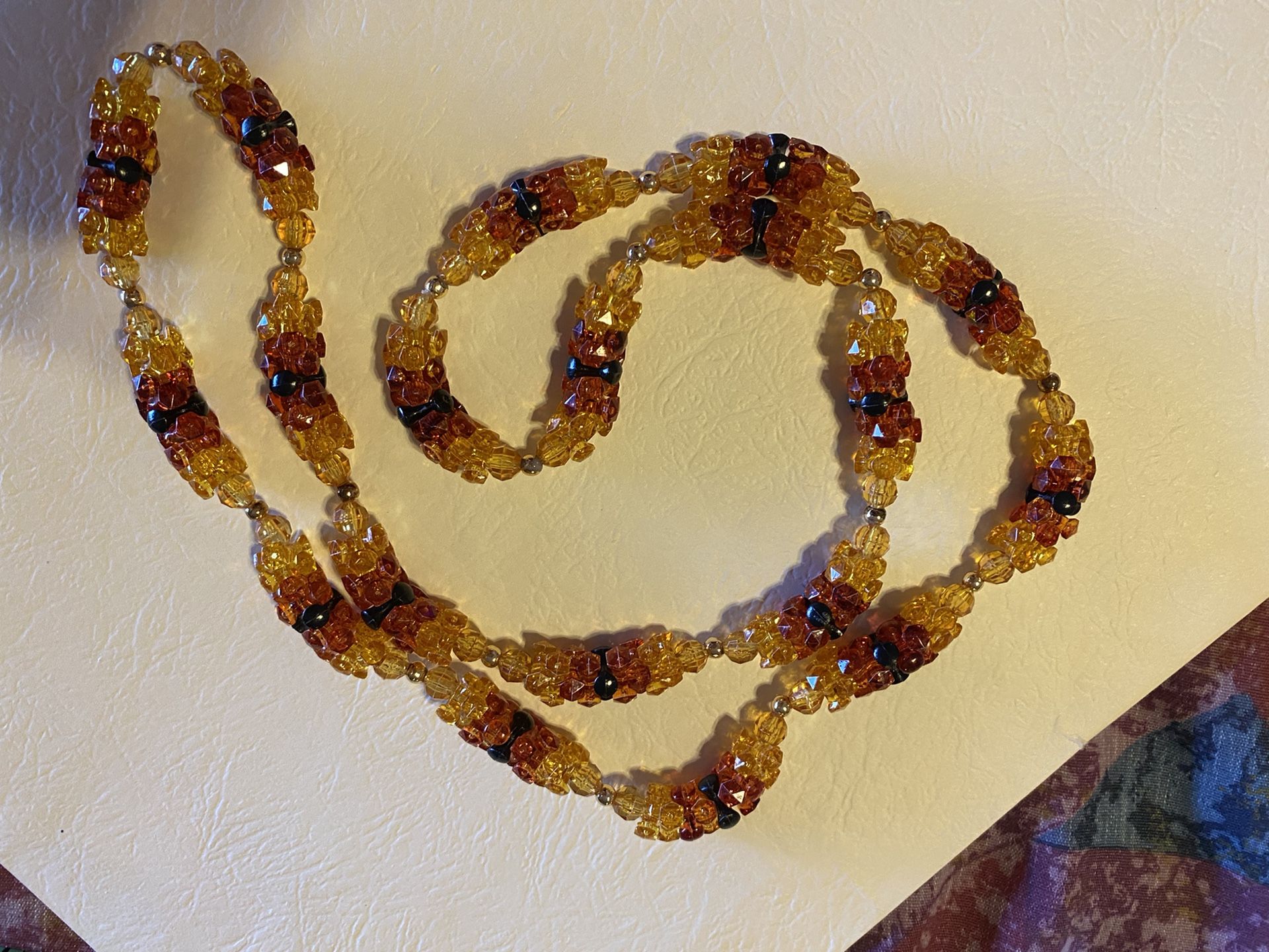 Plastic Bead Necklace, Amber Color, 32 inches