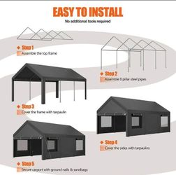 10x20ft Heavy Duty Carport with Removable Sidewalls & Doors Portable Car Garage for Backyand and Outdoor Camping