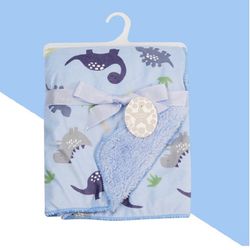 Blue dinosaur double side plush blanket