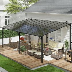 12' x 20' Hardtop Wall Mounted Gazebo Pergola, Lean-to Metal Awning with Sloped Roof, Outdoor Shelter for Patio, Deck, Backyard, Black Brand New in bo
