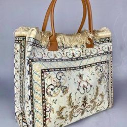 Brand new 23 x 36” large tote Gorgeous fabric made in Belgium and Italian leather handles.  Superior Quality Rug - Man Made Silk  Whitestone/Flushing,