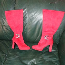 Red Suade Knee High Boots 