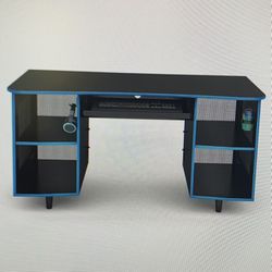 Modern Gaming Desk Black +blue Trim W/power