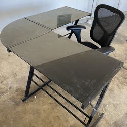 Glass top corner desk with office chair
