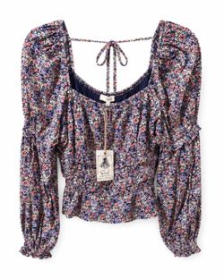 Easel brand crop top style Navy Multicolor Floral Puff-Sleeve Smocked Waist Blouse