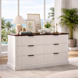 Dresser for Bedroom with 6 Fluted Drawers, 51.9" Wide Chest of Drawers, White & Walnut D-41