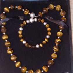 Vintage Italian Crafted Sterling Silver Tiger's Eye Necklace/Bracelet Set