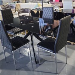 5 PIECE DINING TABLE SET BLACK GLASS LEATHERETTE CHAIR 50x30x30