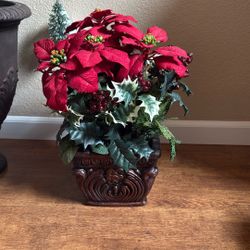 Artificial Poinsettia In Decorative Planter 