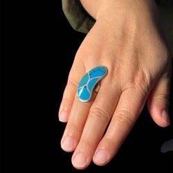Statement Turquoise Inlay Ring – Size 7, Sterling Silver, 12g