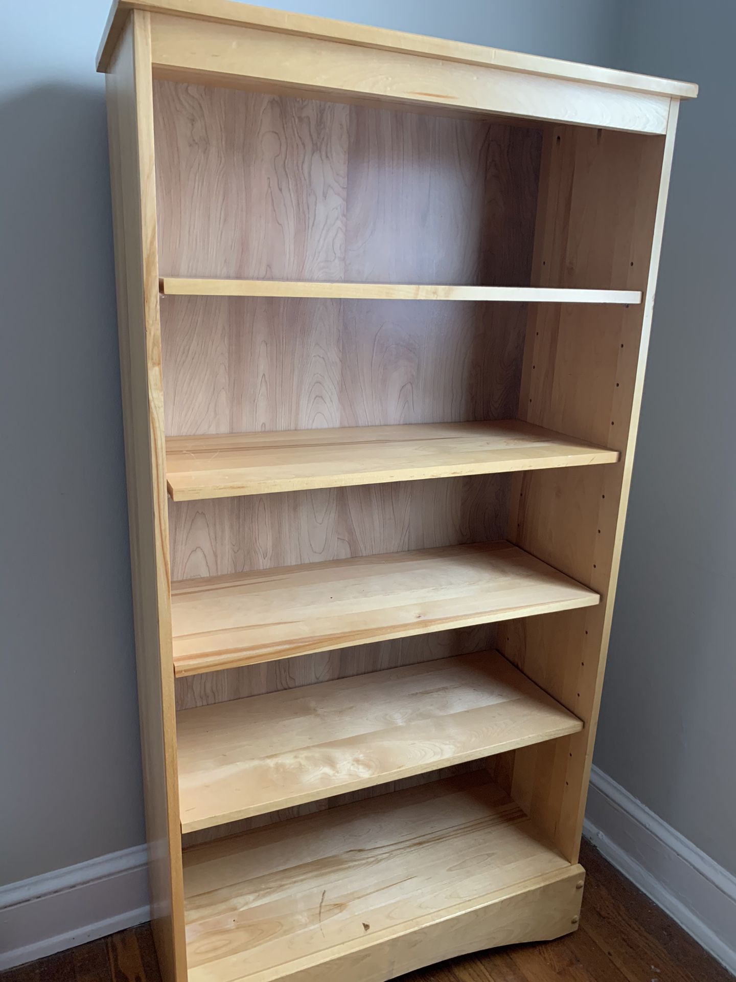 Wood shelf unit, 59”H x 31.5”W x 13”D (BONUS: straw baskets!)