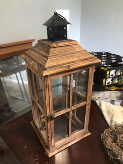 Rustic Wooden Candle Lantern with Metal Top