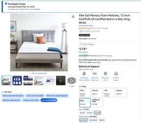King 12” Gel Memory Foam Mattress - Like New - Waterproof Protected