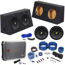 Kicker bass package deal WITH INSTALLATION. 2 kickers 12” with box and 1000 watt amplifier