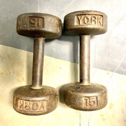 Vintage 15lbs YORK Dumbells Pair Weights Cast Iron