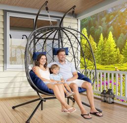 New Double Egg Swing Chair with Stand - 2 Person Outdoor Patio Hanging Wicker Hammock Chair with Cushion, Dark Grey, for Garden, Lawn, Bedroom, Indoor