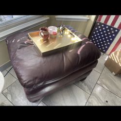 Large Oversized Real Leather Ottoman — Restoration Hardware Style — Solid Wood Bun Feet