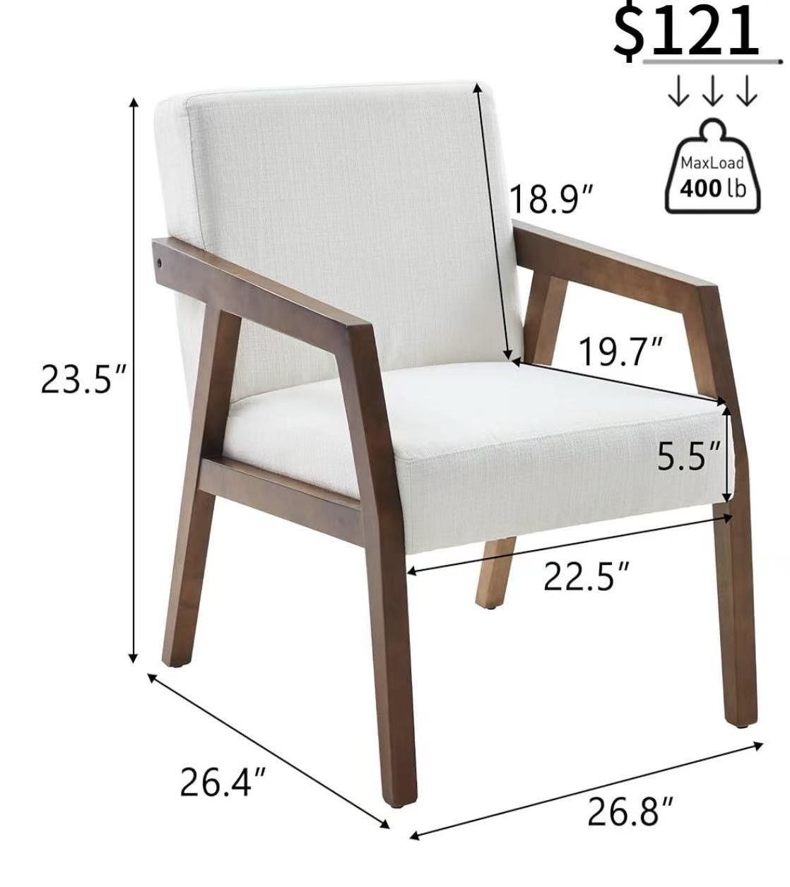 😀 Solid Wooden Mid-Century Modern Accent Chair, Upholstered Arm Chair for Living Room, Bedroom, Linen Fabric Reading Chair, Side Chair,White
