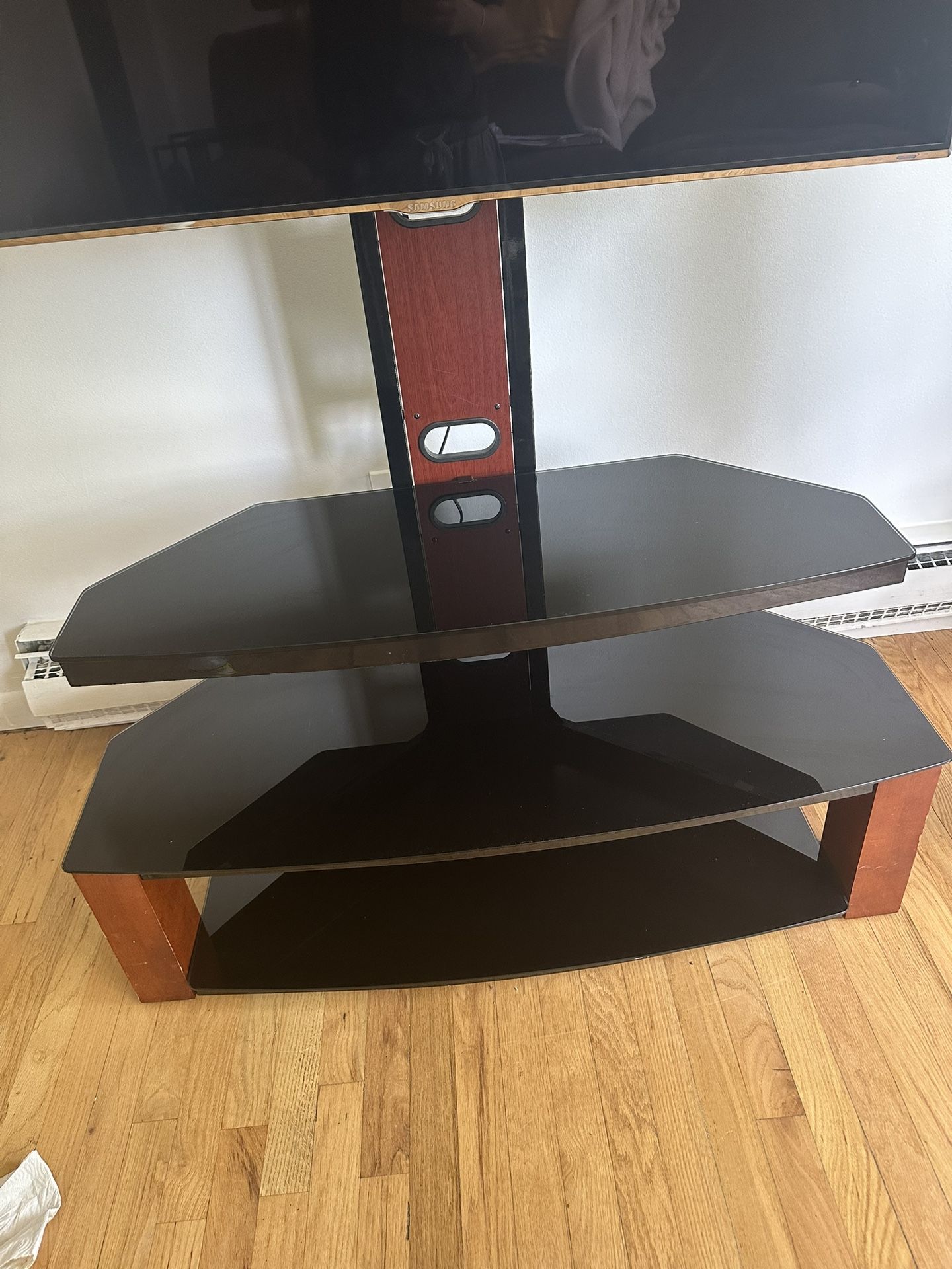 Tv Stand mount, 3 glass shelves, black and wood, living room