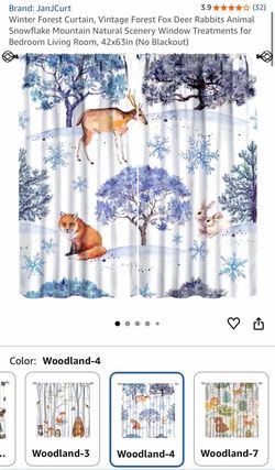 Winter Forest Curtain, Vintage Forest Fox Deer Rabbits Animal Snowflake Mountain Natural Scenery Window Treatments for Bedroom Living Room, 42x63in (N