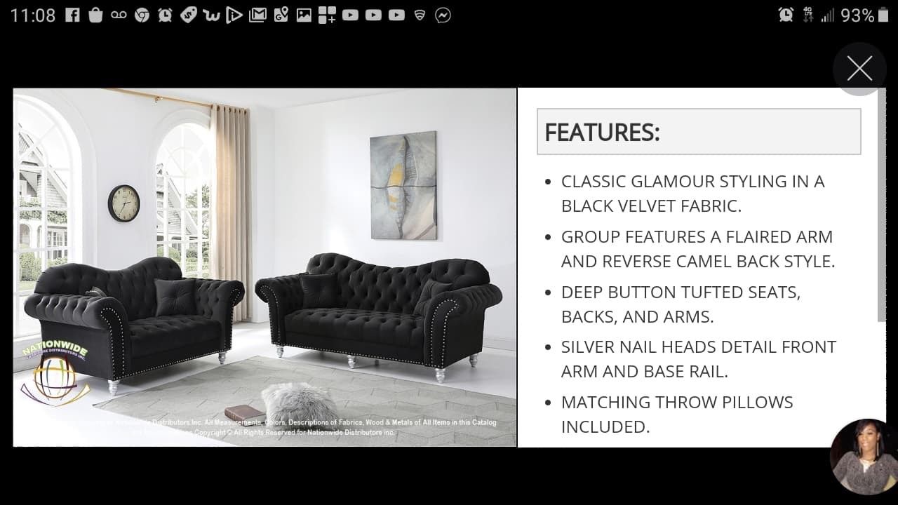 Black velvet Sofa and loveseat