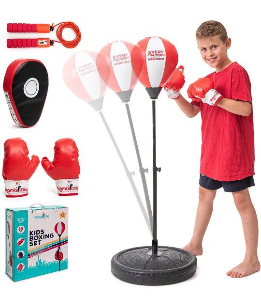 Punching Bag for Kids with Adjustable Stand - Boxing Equipment Set with Kid boxing Gloves, Jump Rope