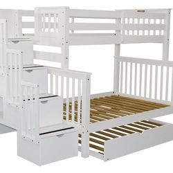 SOLID WOOD - TWIN OVER FULL BUNK BED With Storage STAIR CASE AND TRUNDLE
