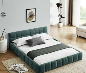 Niccae Queen Size Upholstered Bed Frame with Chenille Fabric, Soft Cloud Headboard, Sturdy Wood Platform, No Box Spring Needed, Easy Assembly