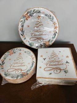 Christmas plates, dessert plates, and napkins - unknown quantity