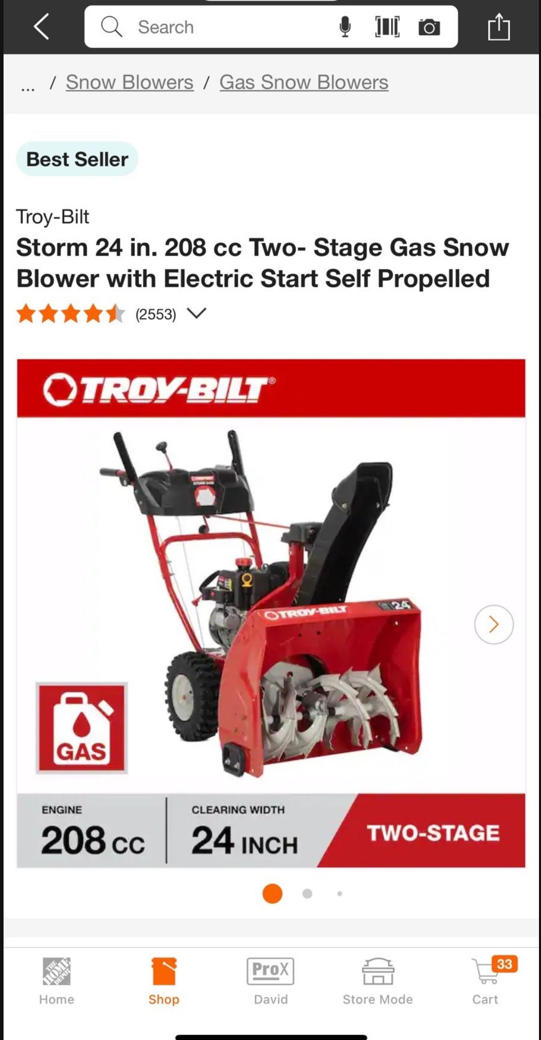 Troy Bilt Storm 24 in. 208 cc Two Stage Gas Snow Blower with Electric Start Self Propelled