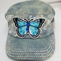 Womens Denim Butterfly Baseball Hat 