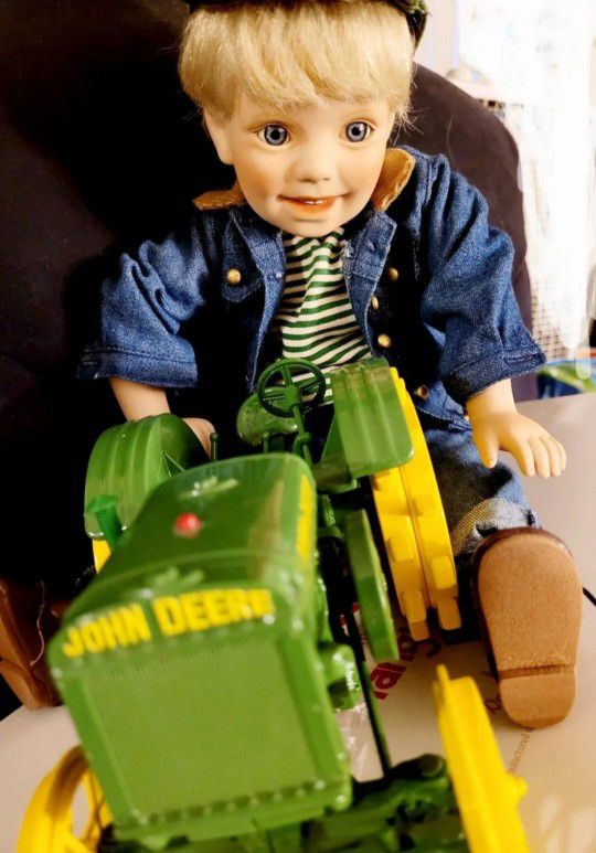 BNIB BILLY PORCELAIN DOLL WITH JOHN DEERE TRACTOR