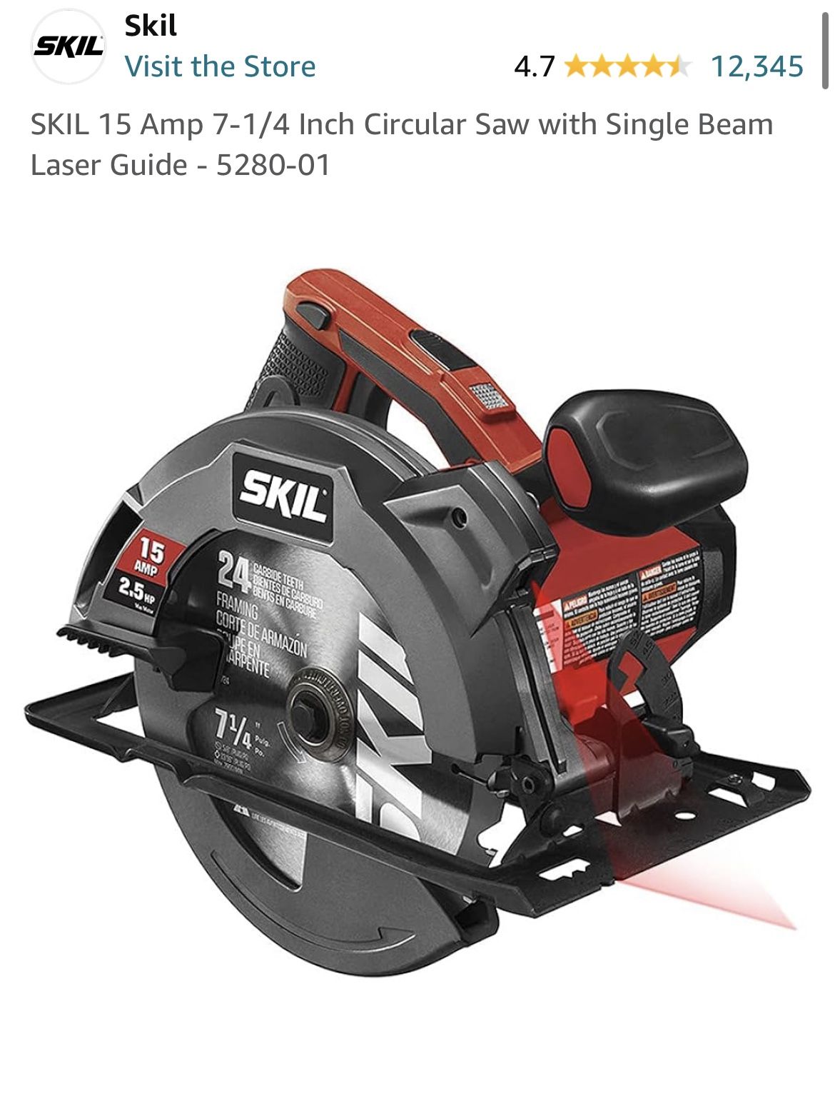 SKIL 15 Amp 7-1/4 Inch Circular Saw with Single Beam Laser Guide - 5280-01