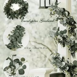 50 Pcs /  Of Faux Eucalyptus Garland With White Flowers: 5.9FT/180cm Silver Dollar Eucalyptus Leaves Gypsophila Garland, Artificial Greenery 