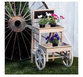 Alpine Wooden 2-Tier Plant Display Stand w/ Chalkboard & Wheels, 34” Tall – Off White – Assembled