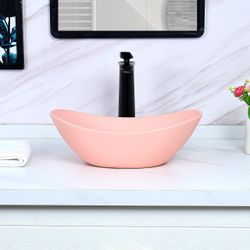Davivy 16.9'' X 10.6'' Matte Pink Oval Vessel Sink With Pop Up Drain,Boat Shape Bathroom Vessel Sink,Small Ceramic Vessel Sink,Bathroom Sinks Above Co