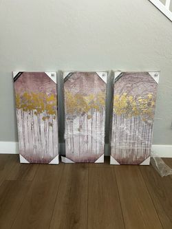BRAND NEW 45x36- 3 Piece Textured Triptych- Blush Pink/Gold Foil Twilight Forest Canvas Wall Art