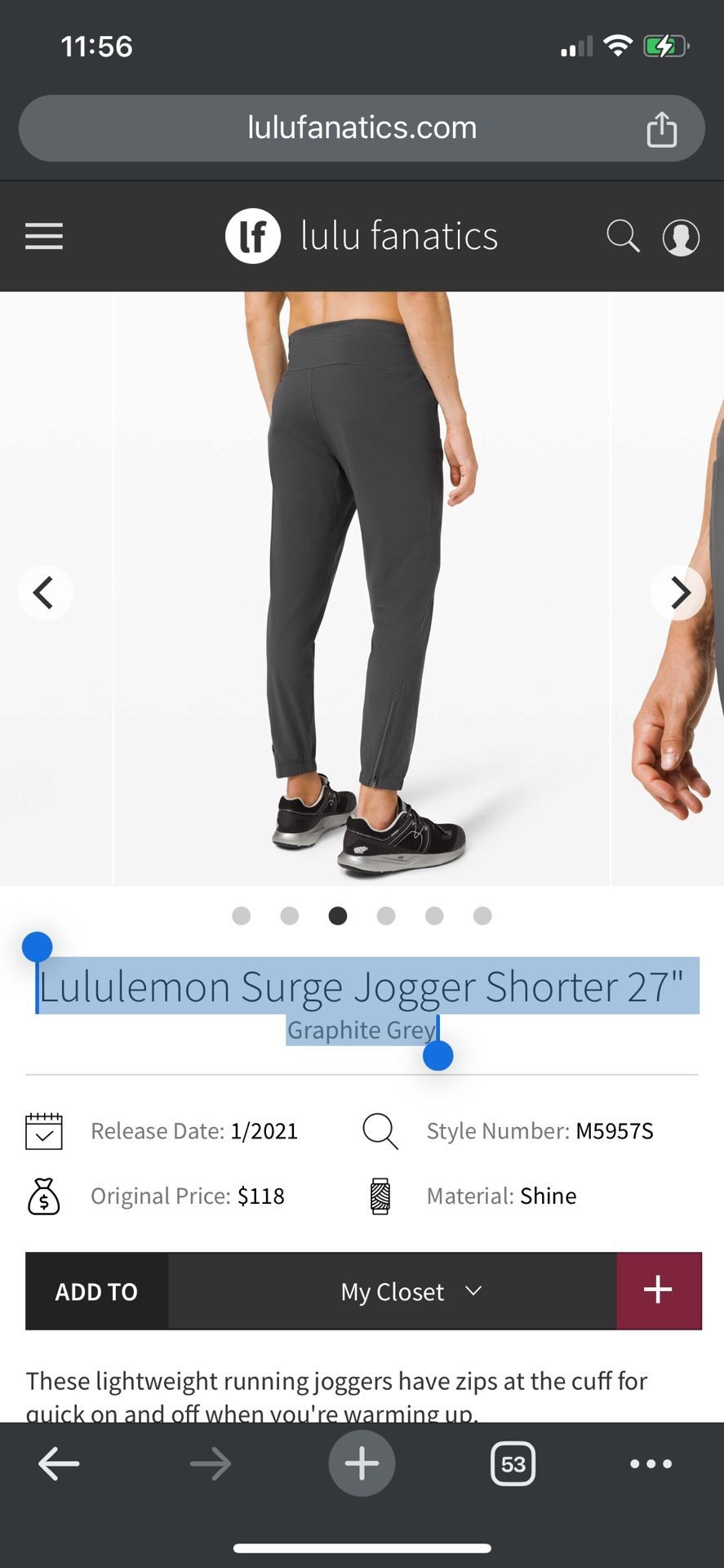 Lululemon Surge Jogger Shorter 27" Graphite Grey