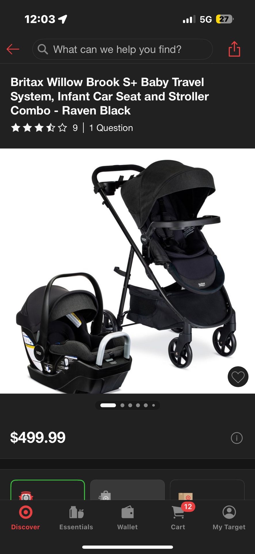 Britax Willow Brook S+ Baby Travel System, Infant Car Seat and Stroller Combo - Raven Black