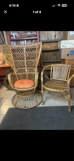 pair MCM Italian rattan chair peacock bamboo