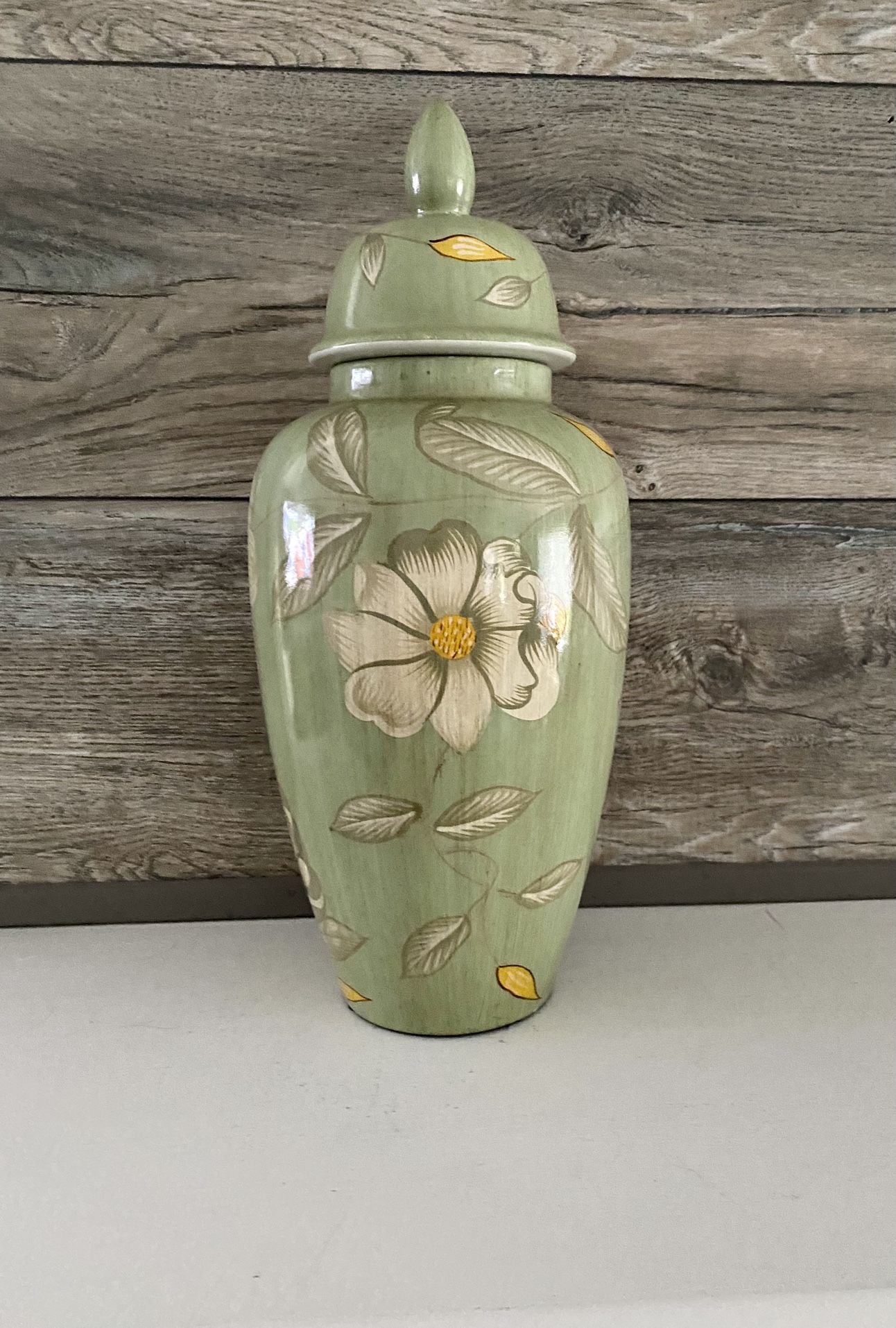 Green Hibiscus Floral  Ginger Jar 